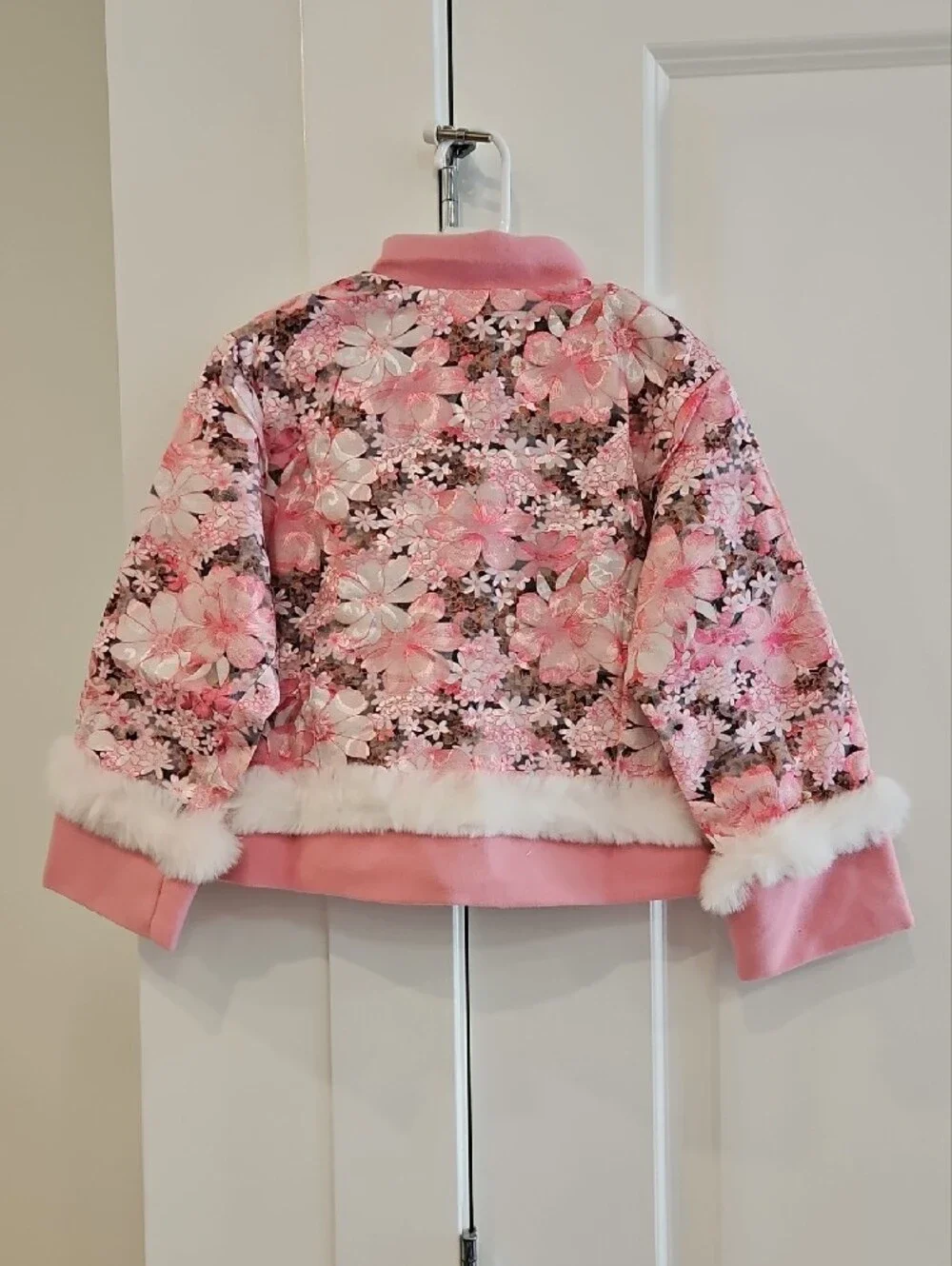 Pink Floral Faux-Fur Trim Girls' Jacket